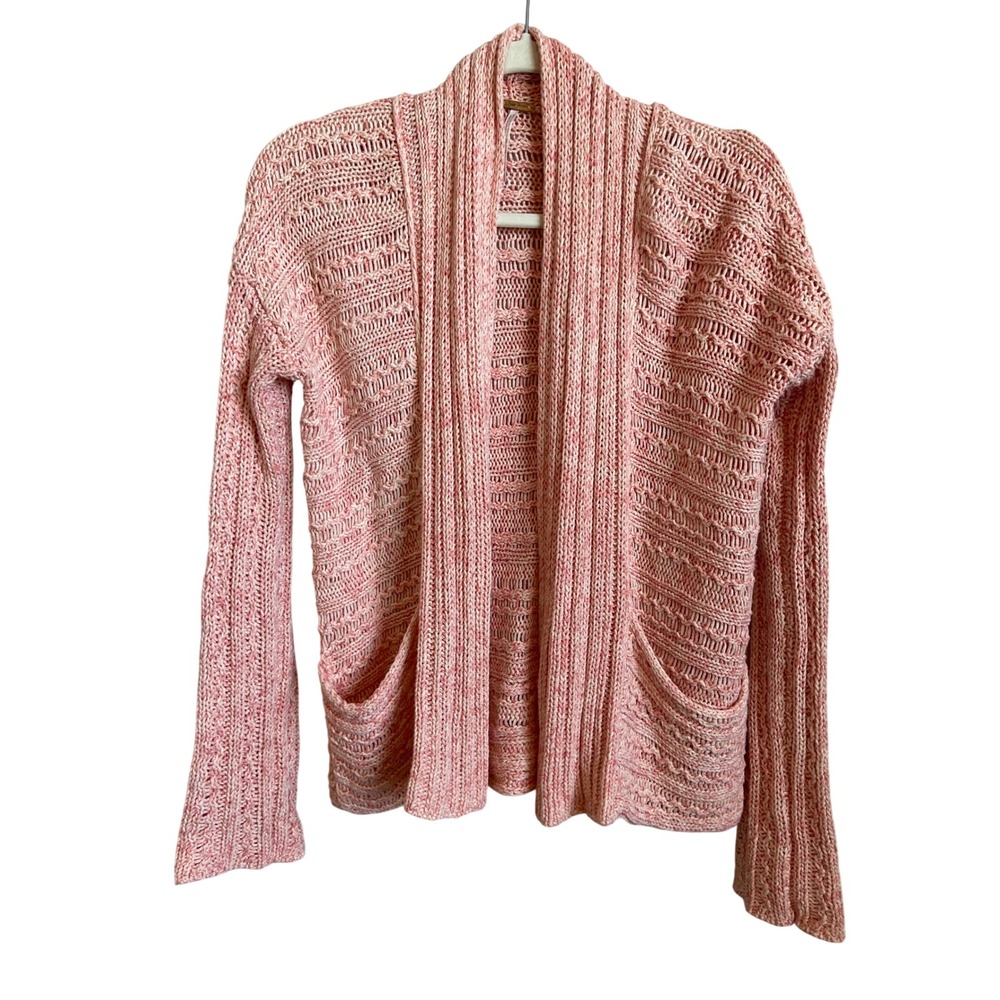 Free People Pink Marled Cotton Pointelle Open Front Cardigan Sweater Pockets S